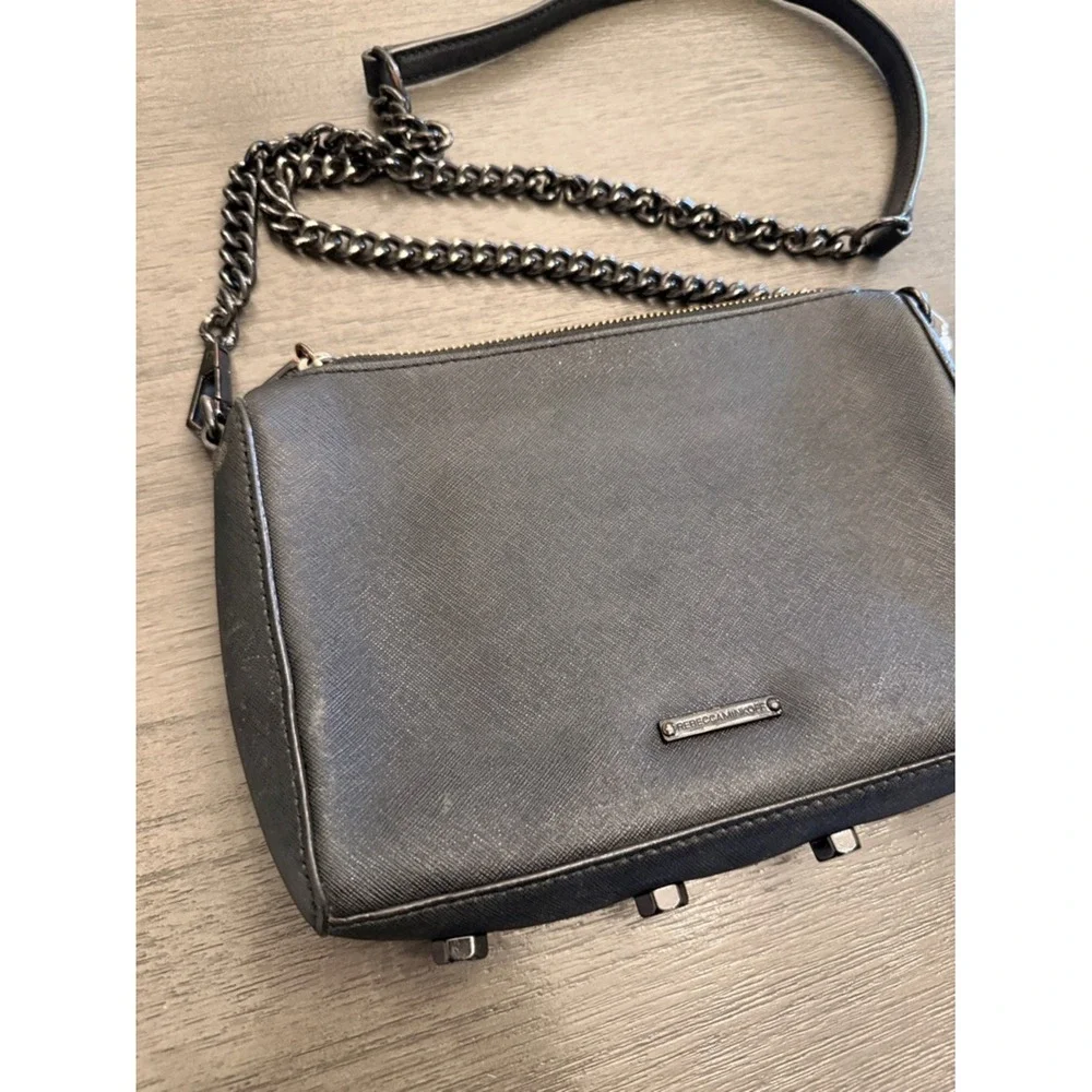 Rebecca‎ Minkoff Avery Crossbody Bag Black Saffiano Leather Gunmetal Chain OS